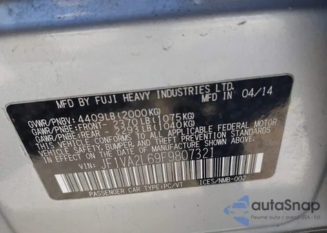 2015 Subaru Wrx Sti from USA, damaged, VIN JF1VA2L69F9807321